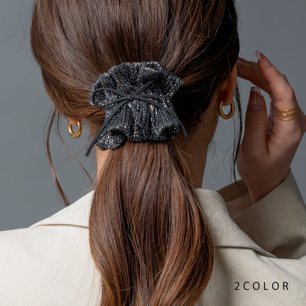 ゆうパケット】 ポニーフック ラメ ギャザー リボン スエード調