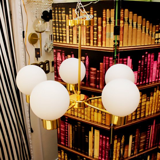 ミッドセンチュリースタイル・ガラスボールシェード照明 5灯 ゴールド