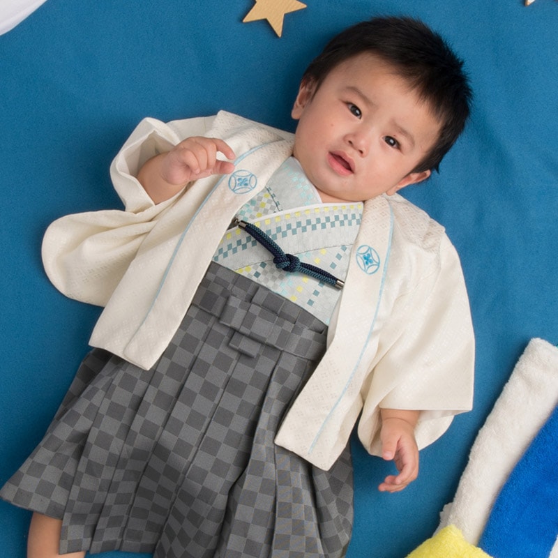 ベビー男の子羽織袴セット 一体型 オフ白・水色市松マルチ 100日-1才