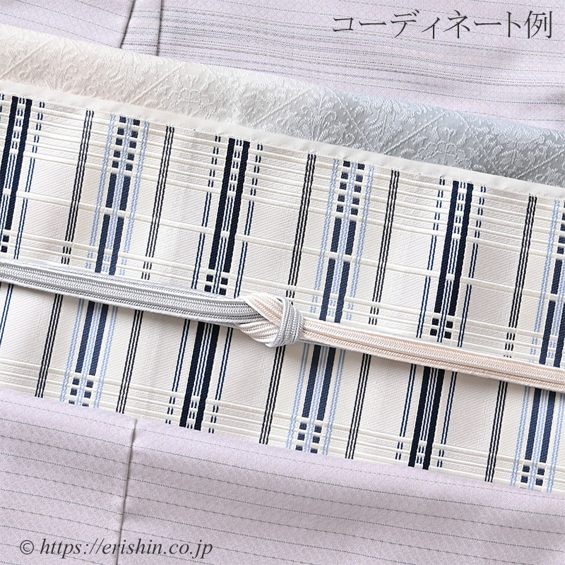 美術工芸 啓 九寸織名古屋帯（錦熨斗目/深縹色を中心に水色を添えて
