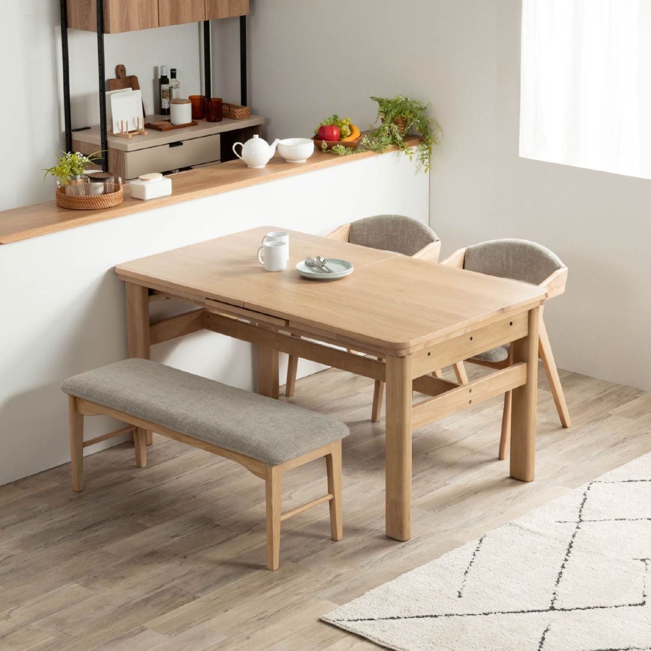 6点セット】［幅145］ 伸長 ダイニングテーブル 4本脚 オーク 無垢材