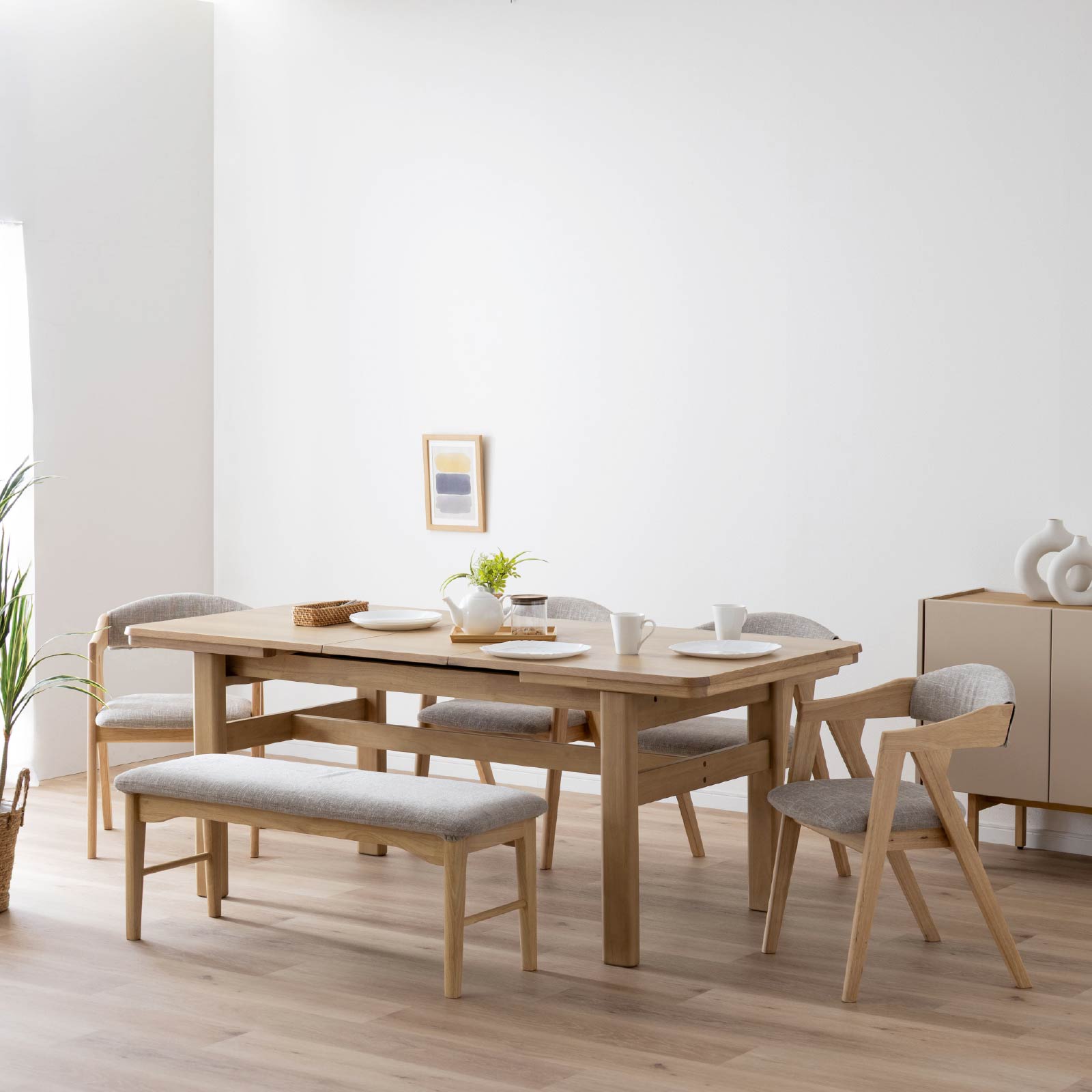 6点セット】［幅145］ 伸長 ダイニングテーブル 4本脚 オーク 無垢材
