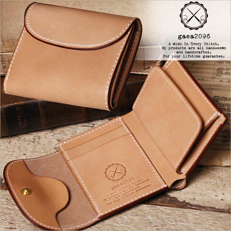 ヌメ革 三つ折り財布 手縫い 栃木レザー コンパクトウォレット ミニ