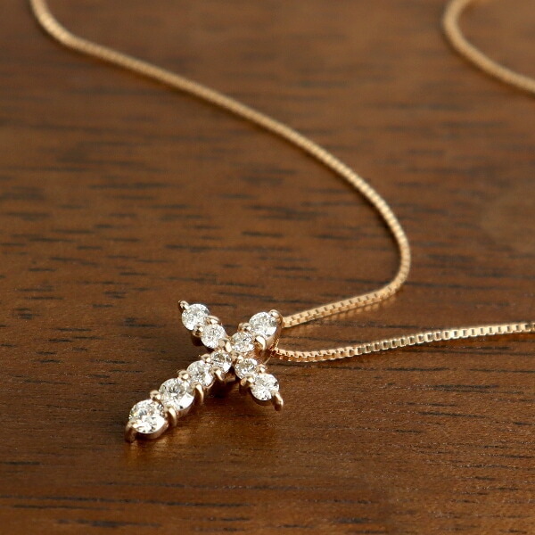 K18 ダイヤモンド クロス ネックレス 18金 18k ピンクゴールド PG 天然