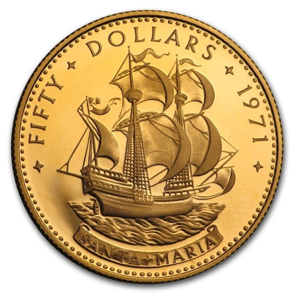 サンタマリア号 50ドル金貨 エリザベス女王 バハマ 1971年製 BU
