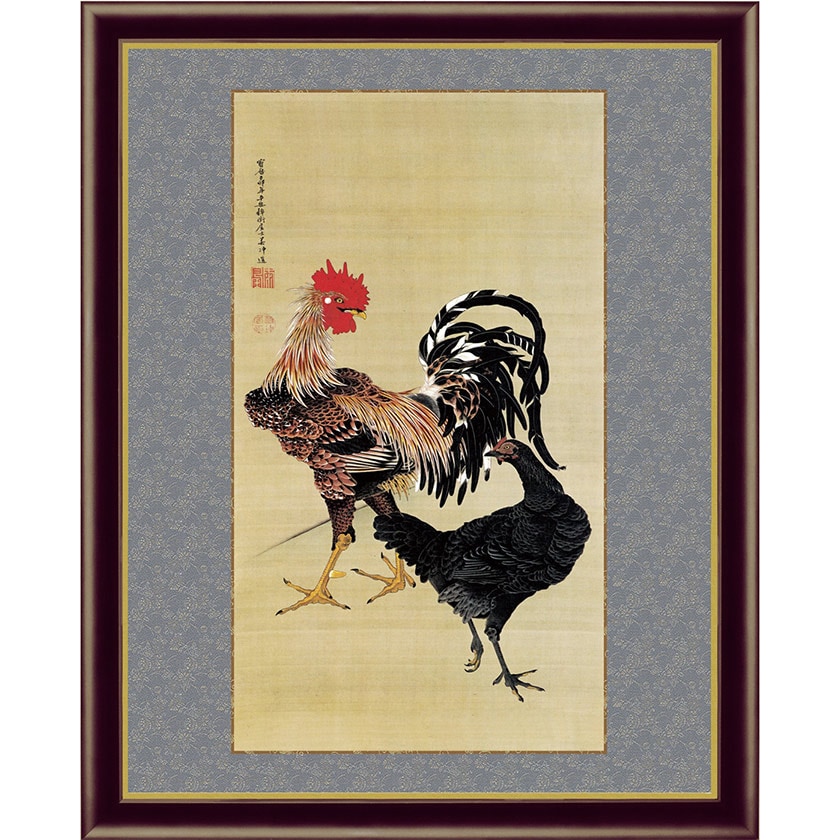 伊藤若冲 動植綵絵 大鶏雌雄図 額 美術品 インテリア レプリカ グッズ