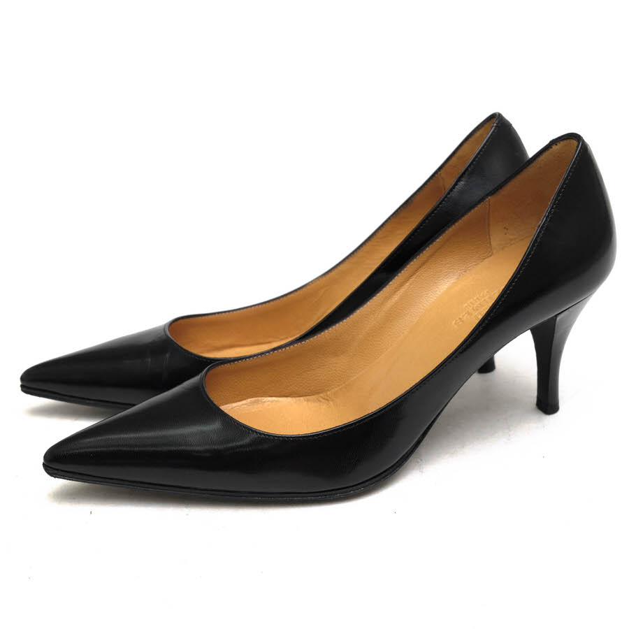 HERMES / エルメス オープントゥ 牛革 カーフ ブラック 黒 パンプス