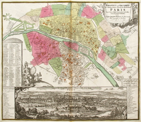パリ市街図およびパノラマ図 ヨハン・バプティスト・ホーマン 1720年頃
