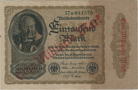 ドイツ （ワイマール共和国） 10億マルク 1923 1000マルクに加刷 EF