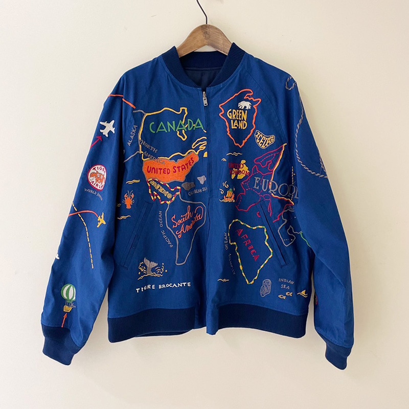 ティグルブロカンテ WorldMap 刺繍 スカジャン unisex Indigo Nylon