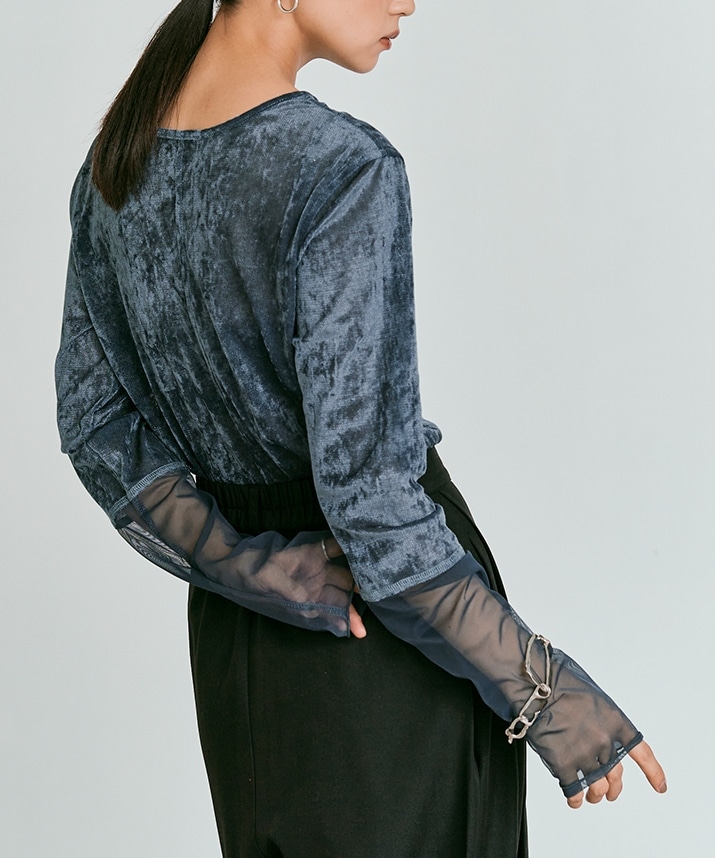 スリーブ切り替えメッシュベロアトップス 全4色 【新作SALE