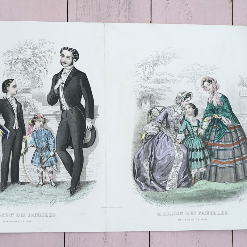 フランスアンティークファッションプレート銅版画19C中期頃 gh-270の