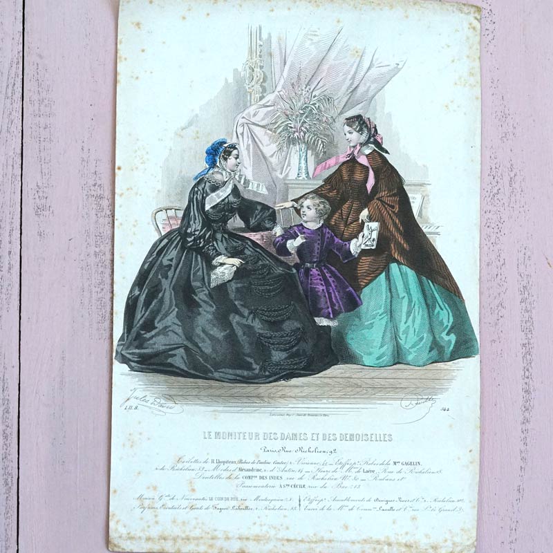 フランスアンティークファッションプレート銅版画19C中期頃 gh-269の