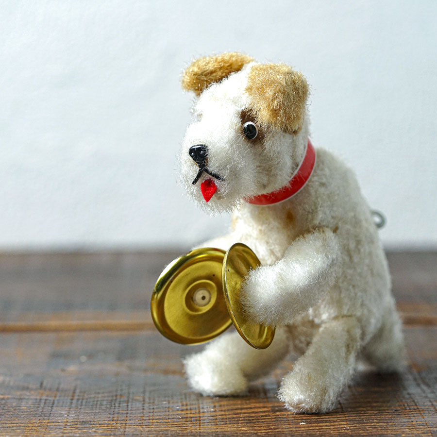 西ドイツ製ゼンマイ仕掛けのシンバルを叩く犬15cm 1950-60年代頃 gt