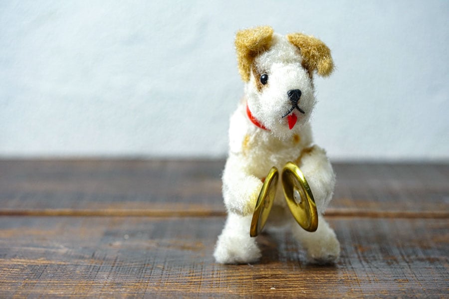 西ドイツ製ゼンマイ仕掛けのシンバルを叩く犬15cm 1950-60年代頃 gt
