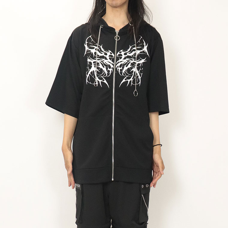 チェーン×レースアップうさ耳フード付きトライバルロゴBIGシルエット