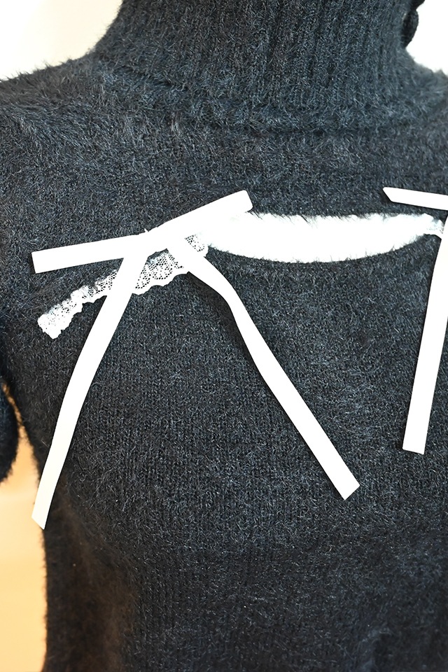 MA*RS】アームウォーマー付き胸開きシャギーニット - BLK/ホワイト