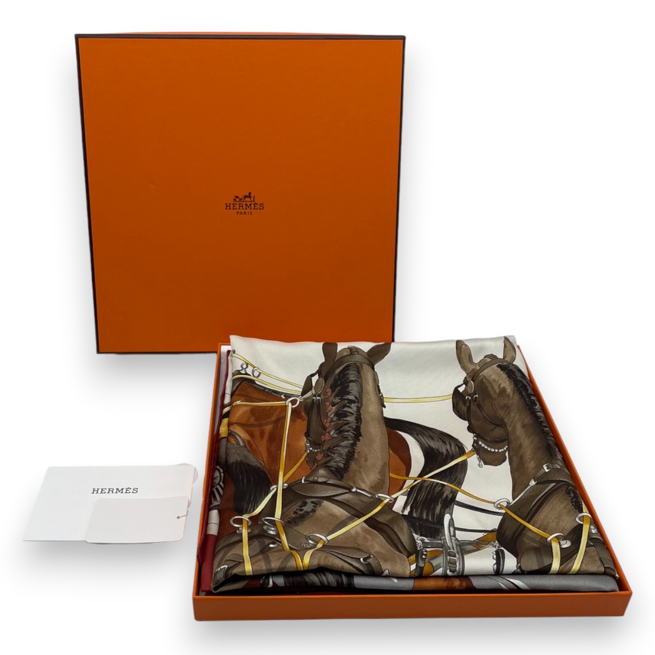 エルメス カレ 90 弓形連結 レッド/ブラウン/ベージュ シルク100