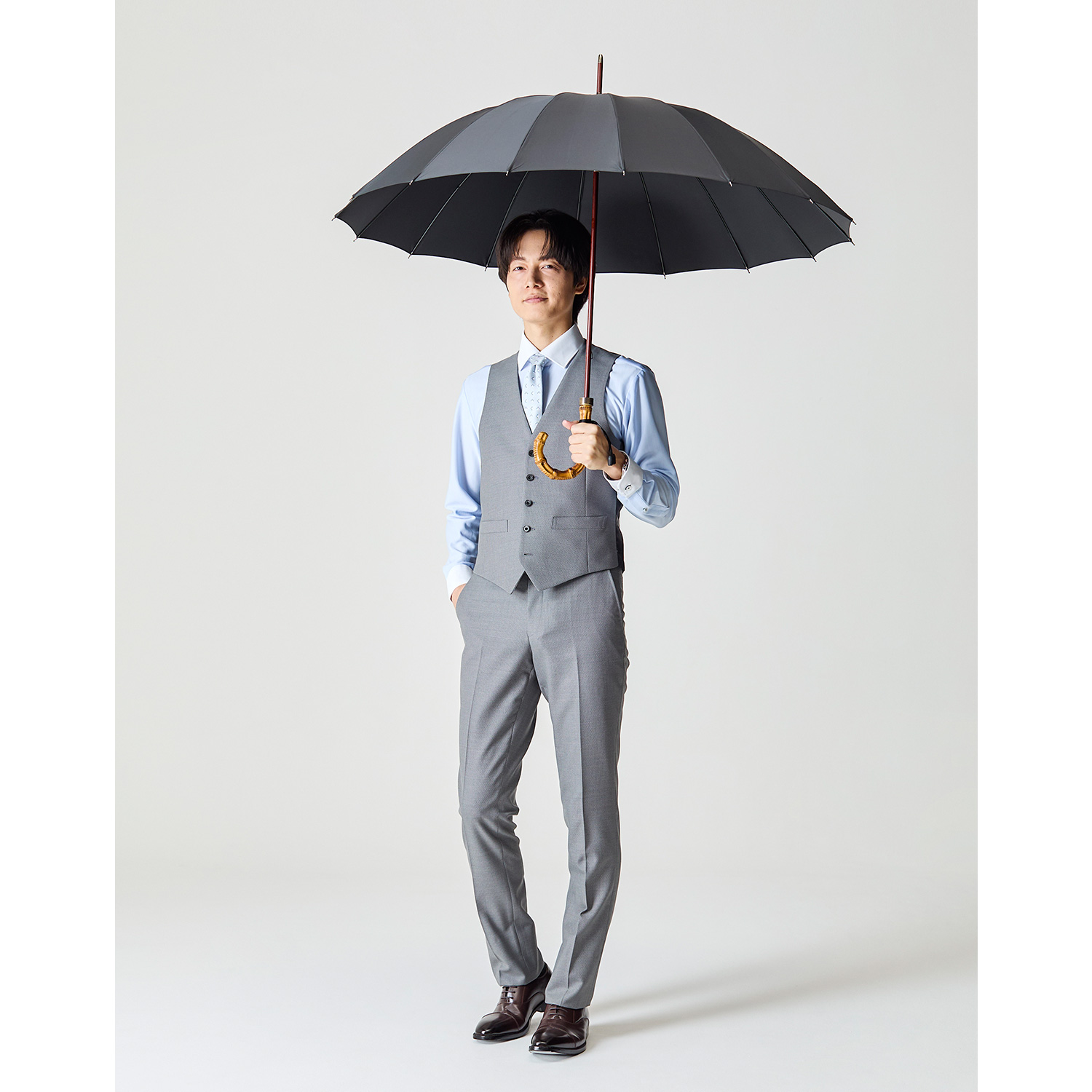 メンズ雨傘】トラッド-16-ロング-カーボン-レイブンブラック｜トンボ