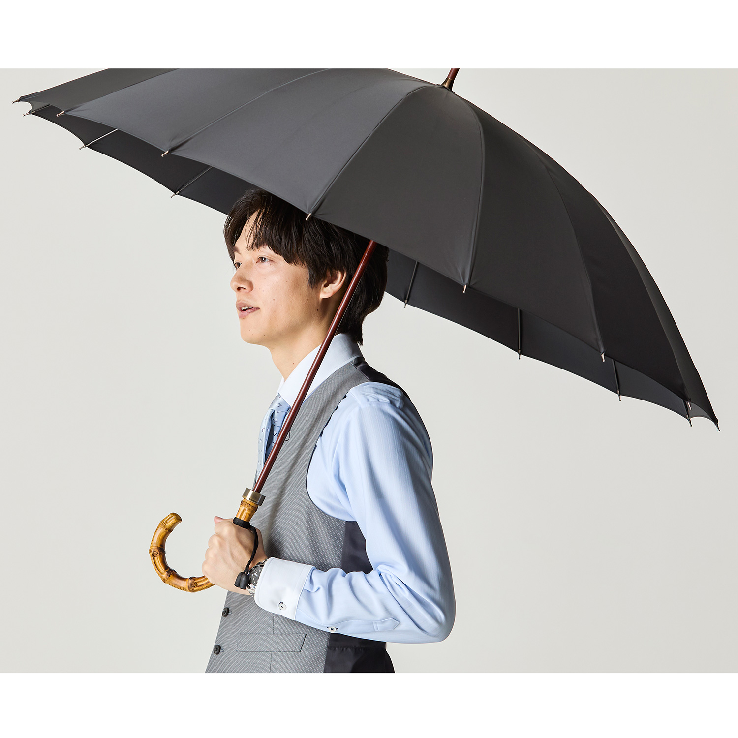 メンズ雨傘】トラッド-16-ロング-カーボン-レイブンブラック｜トンボ