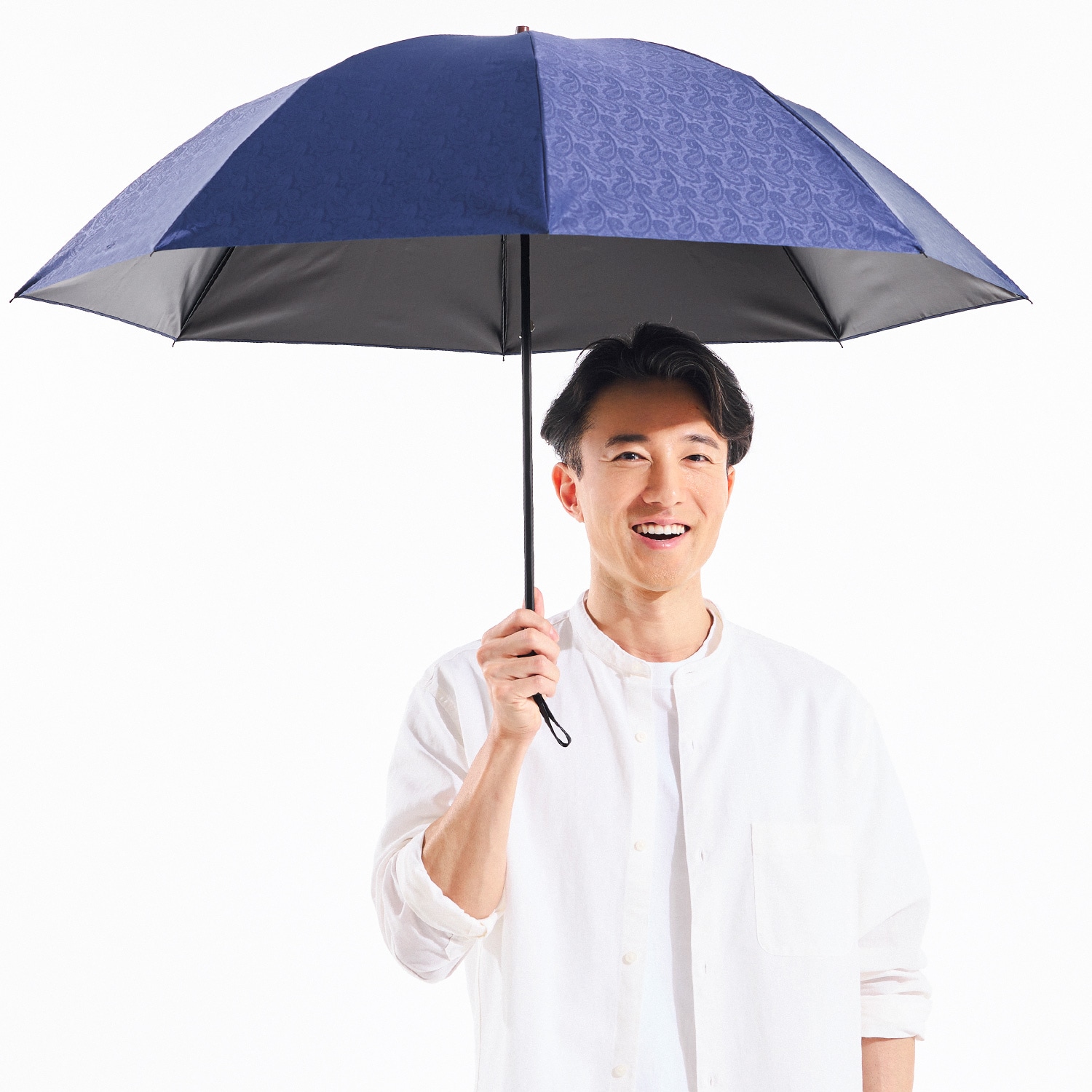 メンズ晴雨兼用傘】一級遮光-ペイズリー-58cm折りたたみ-ネイビー