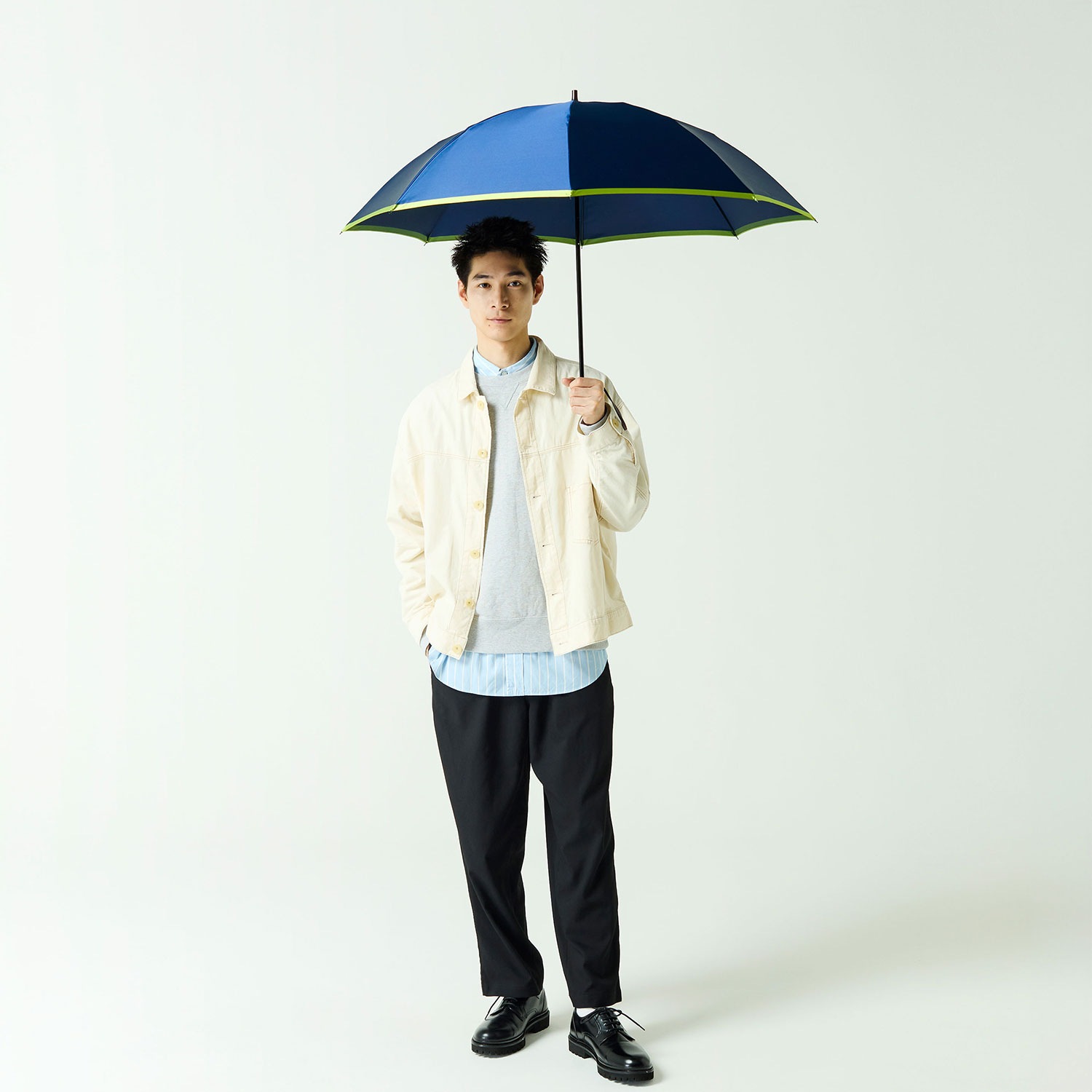 メンズ雨傘】ボーダー-折りたたみ-ネイビー×ライトグリーン｜トンボ