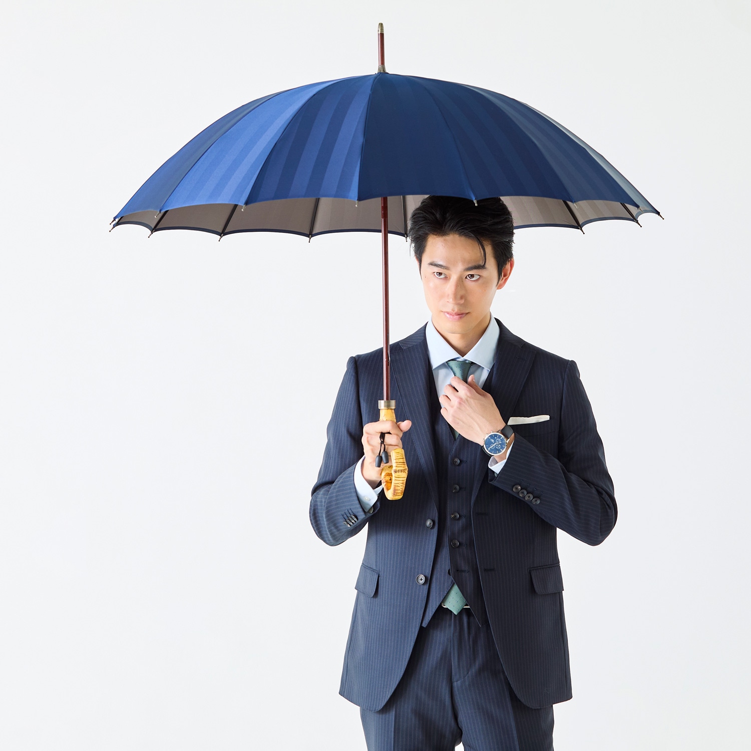 メンズ雨傘】シャドウ-ネイビー×ブラウン｜トンボ洋傘前原光榮商店