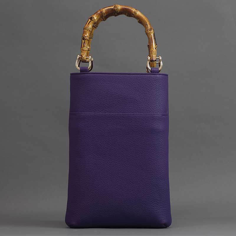 バンブー手提げバッグ「縦型中｜外ポケット付」シボ牛革【紫】祭用品