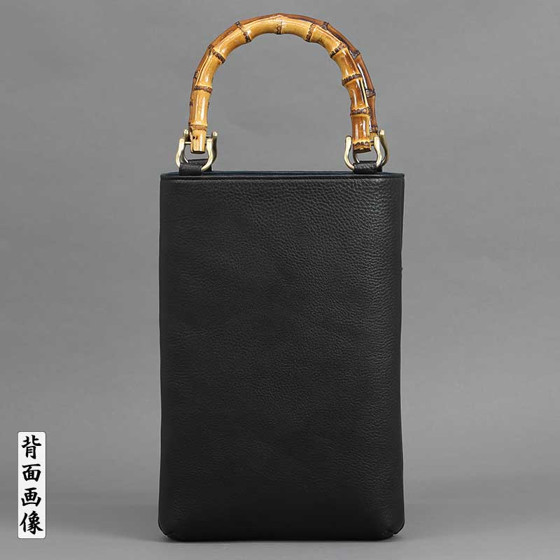 バンブー手提げバッグ「縦型中｜外ポケット付」シボ牛革【黒】祭用品