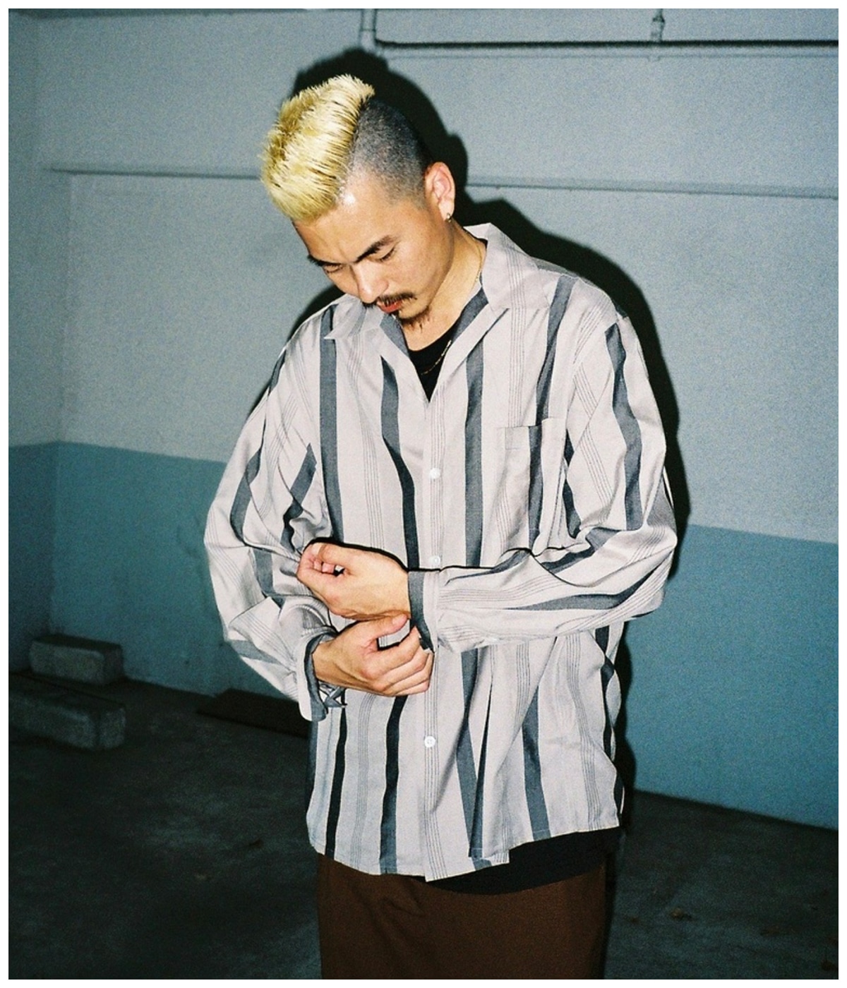 STRIPED OPEN COLLAR SHIRT L/S【GRAY】｜WACKO MARIA｜MELTING POT