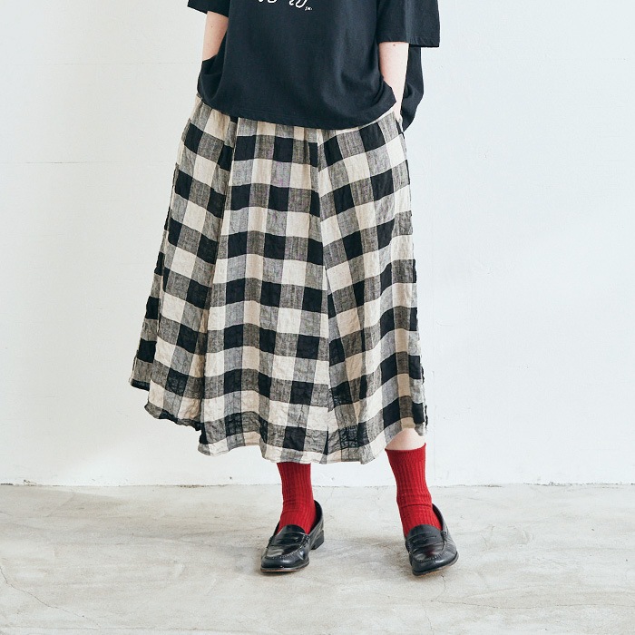 NARU(ナル) バンピーリネンブロックチェック フレアスカート 649856