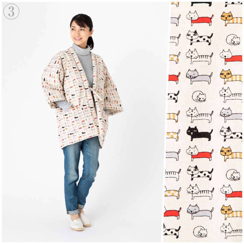 猫柄プリント綿入り久留米袢纏 はんてん 女性用 かわいい ネコ 防寒着