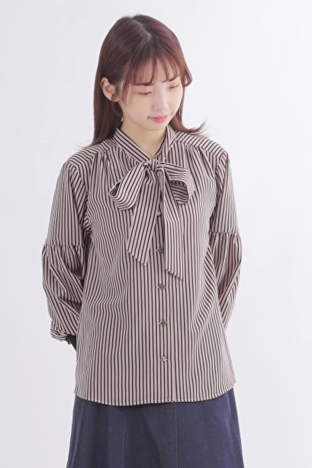 ボウタイリボン]ストライプブラウス | きれいめかわいいSサイズの