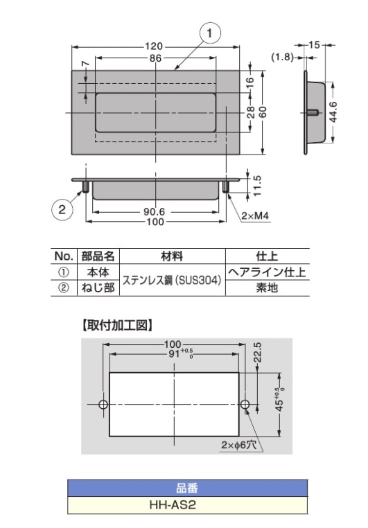 〇取寄品 [スガツネ工業] ステンレス鋼製 堀込取手 HH-AS2