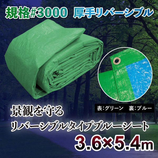 ブルーシート｜規格#3000｜サイズ3.6m×5.4m 緑色＆青色1枚｜株式会社岡潮