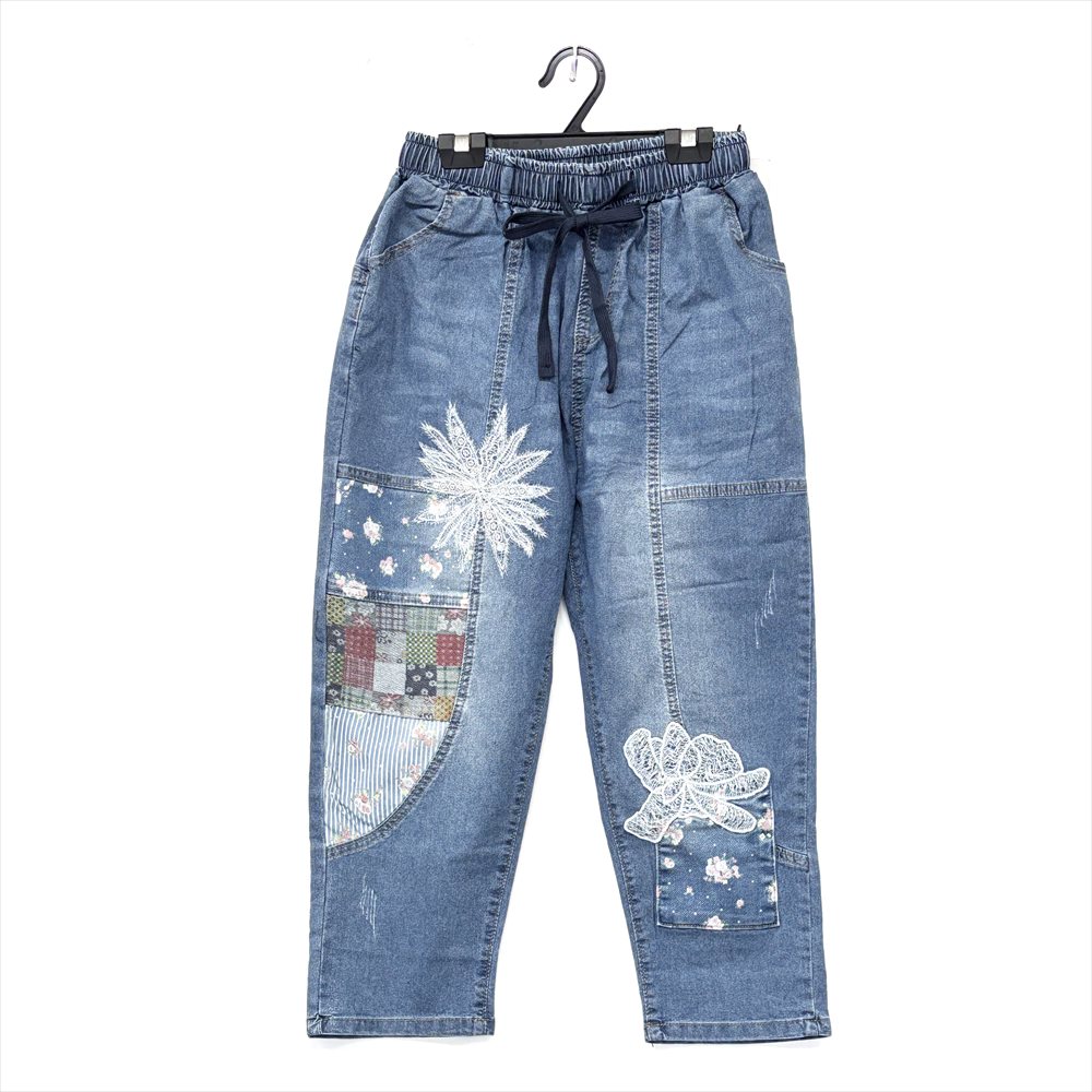 P000 【SOLDYLAN】レース貼りリメイク風パッチワーク デニムパンツ