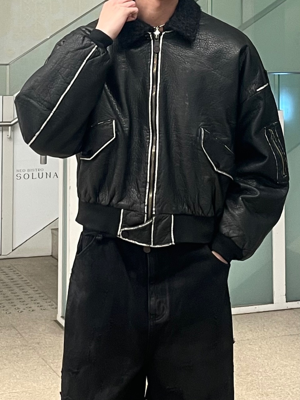 Chikashitsu +】cropped shearing leather bomber jacket | OUR BRAND