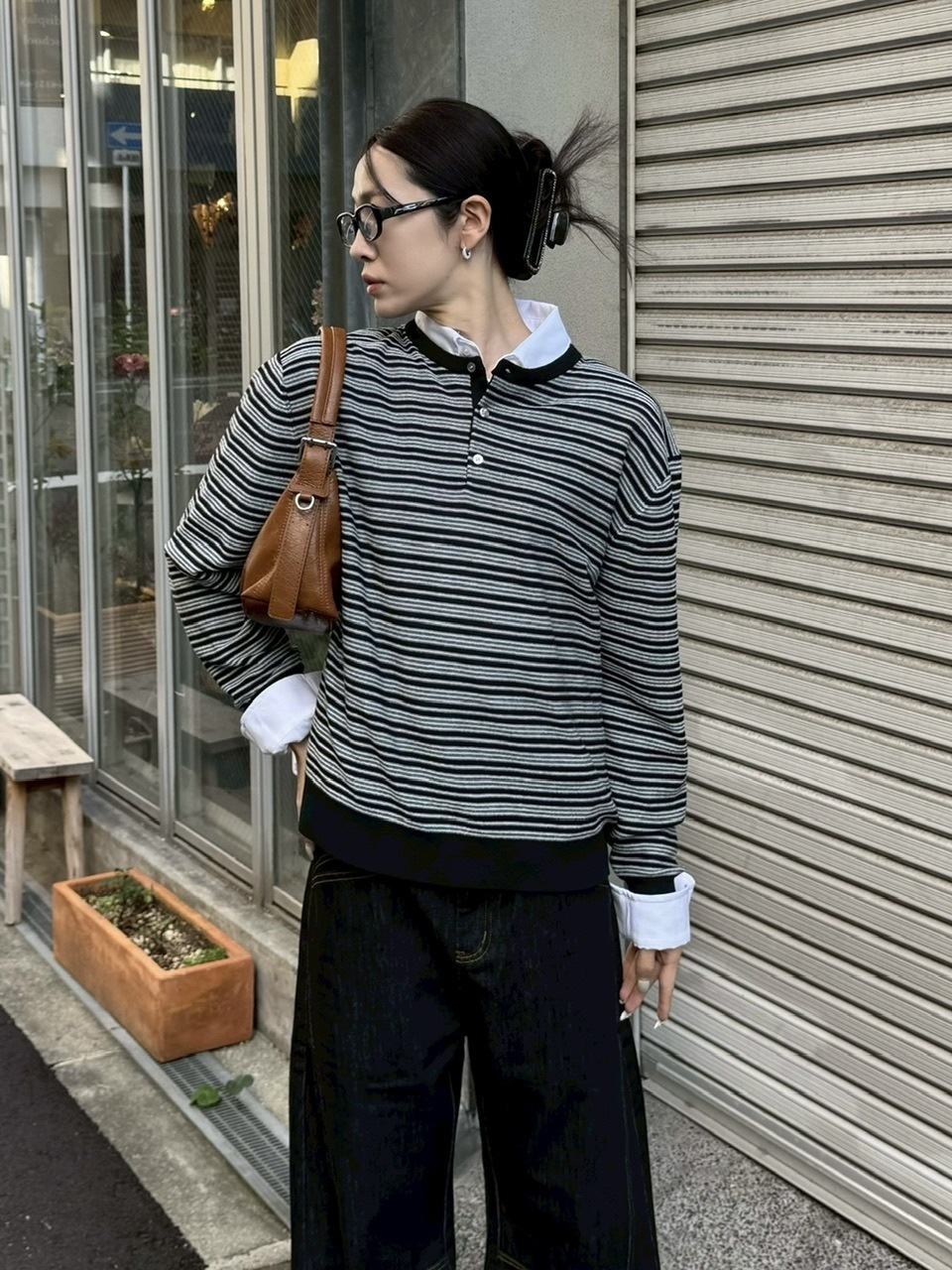 受注制【Chikashitsu +】cropped henry neck border knit