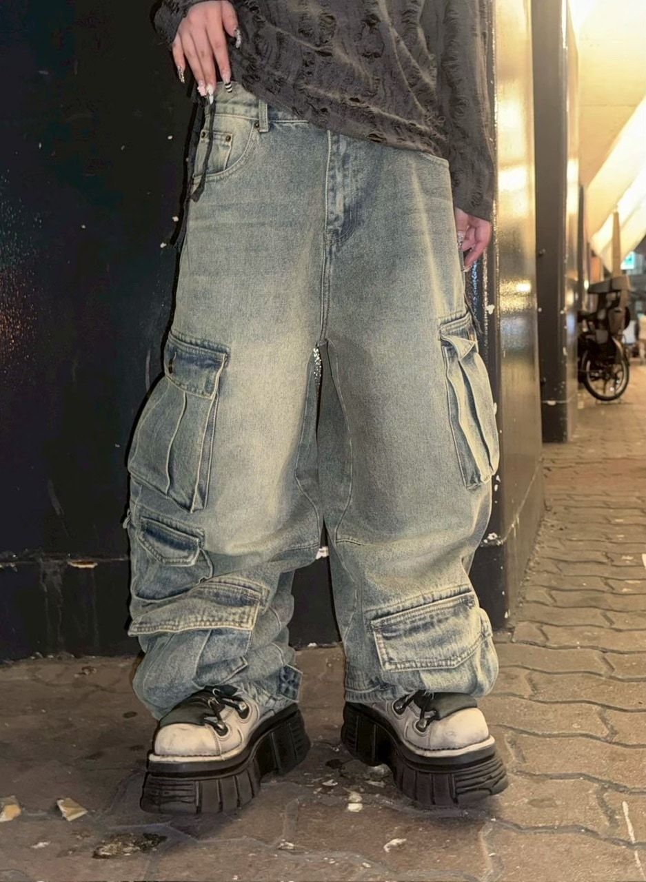 受注制【Never mind the XU】pocket cargo denim pants (2color
