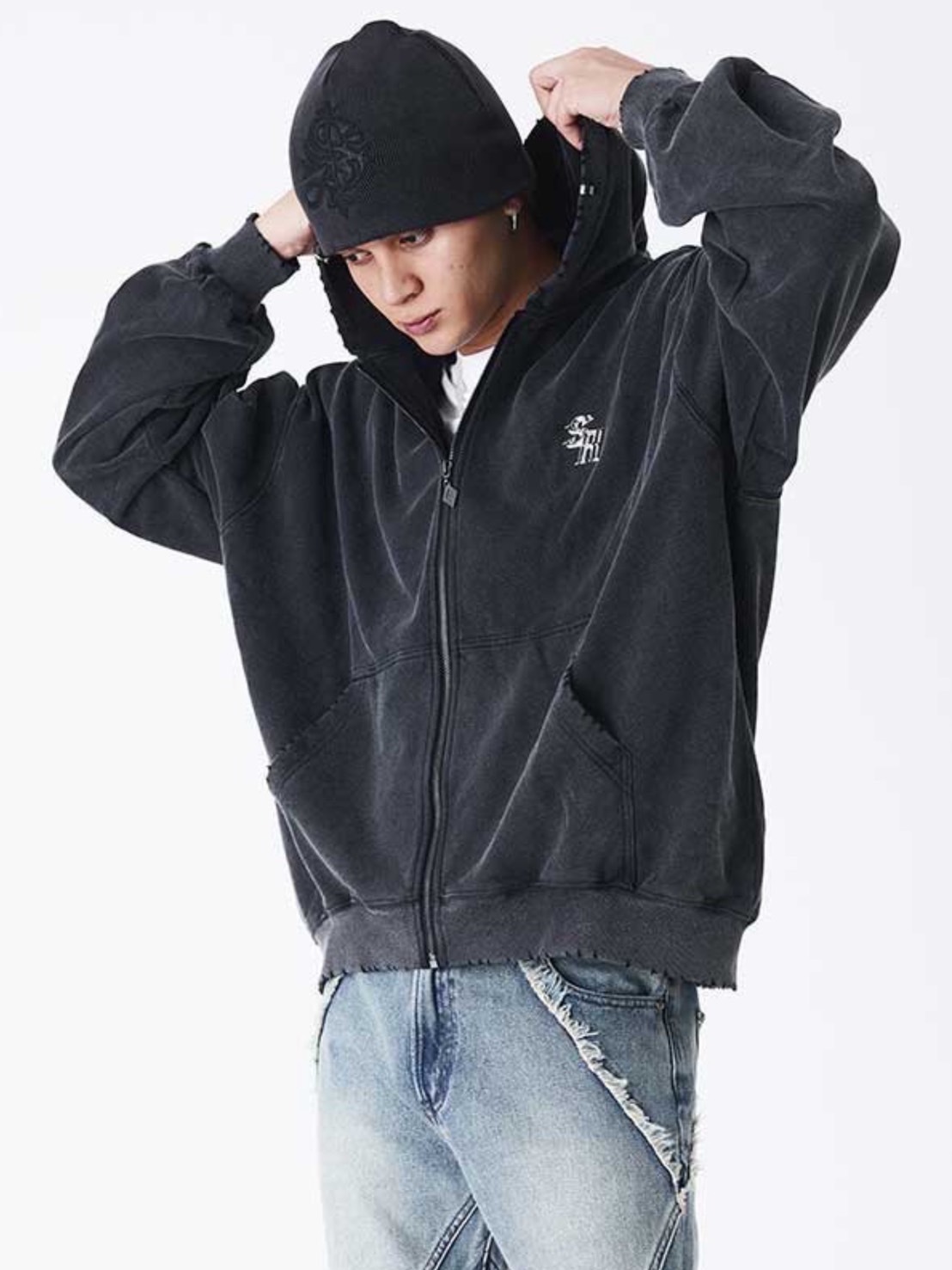 SUPPLIER】Vintage Wash Pierced Zip Hoodie / 【サプライヤー】ロゴ