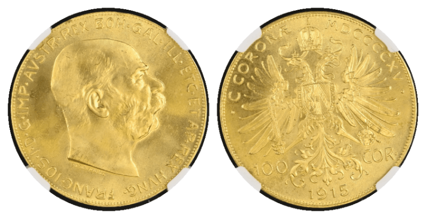 MS67】1915年 オーストリア フランツ・ヨーゼフ1世 リストライク 100