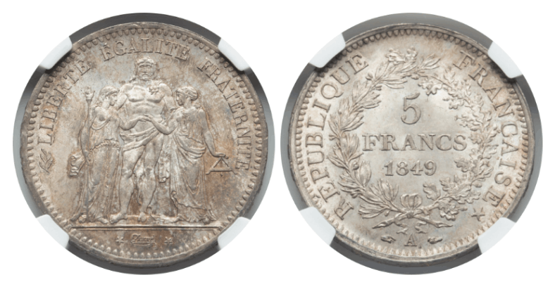MS65+】1849年 フランス 第二共和政 ヘラクレス 5フラン銀貨 | すべて