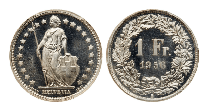 SP67】1956年 スイス ヘルヴェティア 1フラン銀貨 | すべての商品