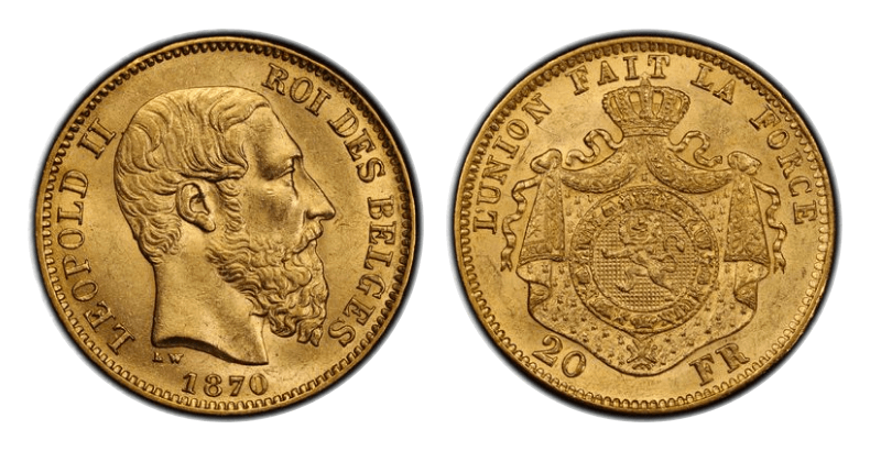 MS63】1870年 ベルギー レオポルド2世 20フラン金貨 | すべての商品