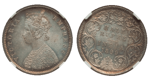 MS64】1899年 英領インド ヴィクトリア女王 1/2ルピー銀貨 | すべての