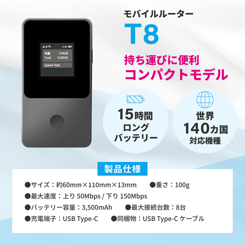 T8シルバー】リチャージWiFi 100ギガ/365日＋世界3ギガ付き ONE