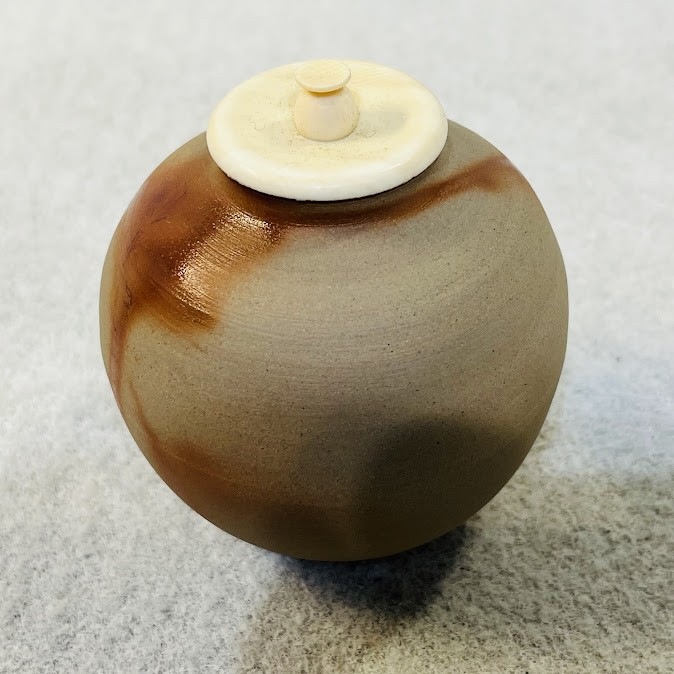 中古】茶道具 文琳茶入 備前焼 木村陶峰作 牙蓋・仕覆・共箱付属(在銘