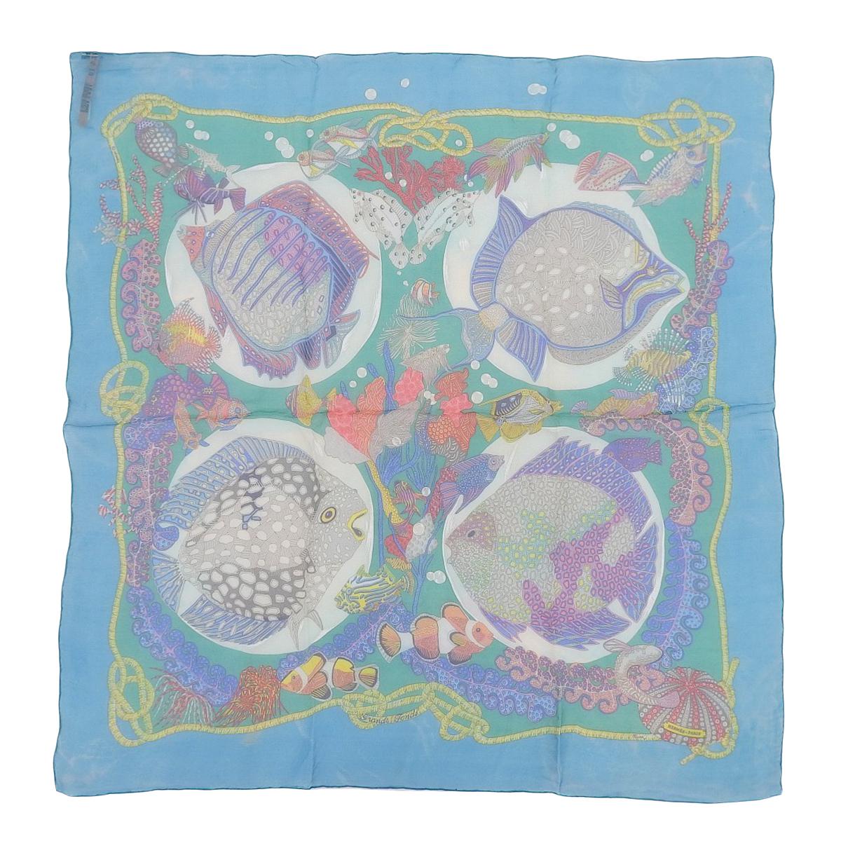 エルメス HERMES カレ90 Grands Fonds 深海 魚柄 シフォン スカーフ