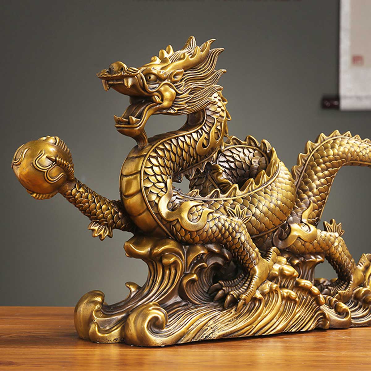 龍神 銅製置物 25cm｜如意宝珠を抱く五本爪の風水龍・金運と開運の