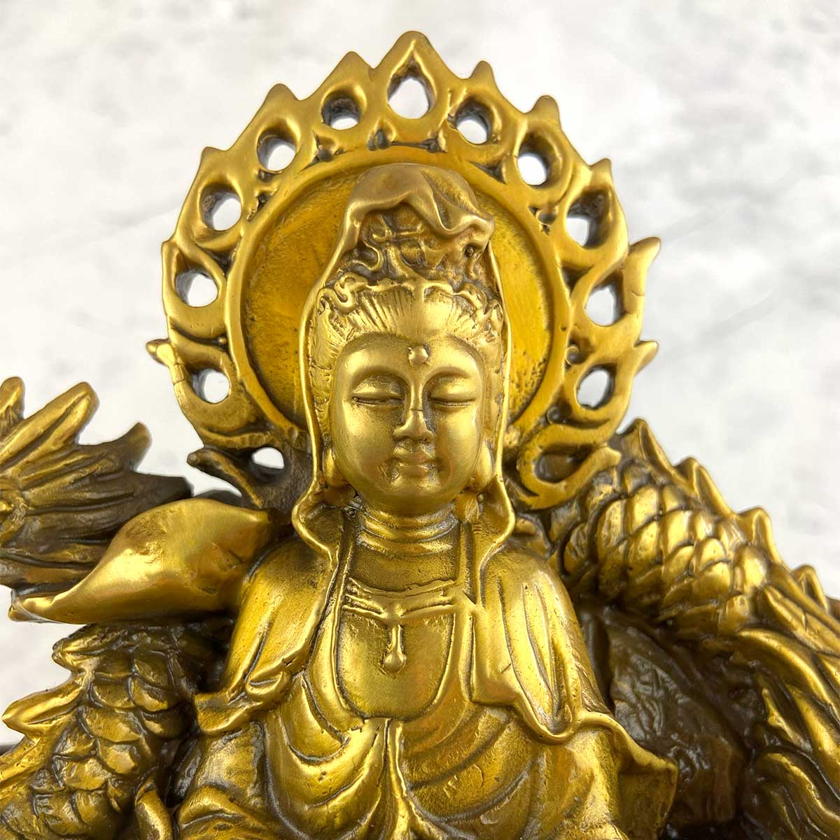 双龍 龍頭観音（騎龍観音）銅製仏像 23cm｜4本爪の龍が支える慈悲と